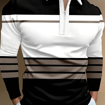 Men's Long Sleeved Zipper Collar Shirt Striped Fashion Spring And Autumn Polo Shirt Collar