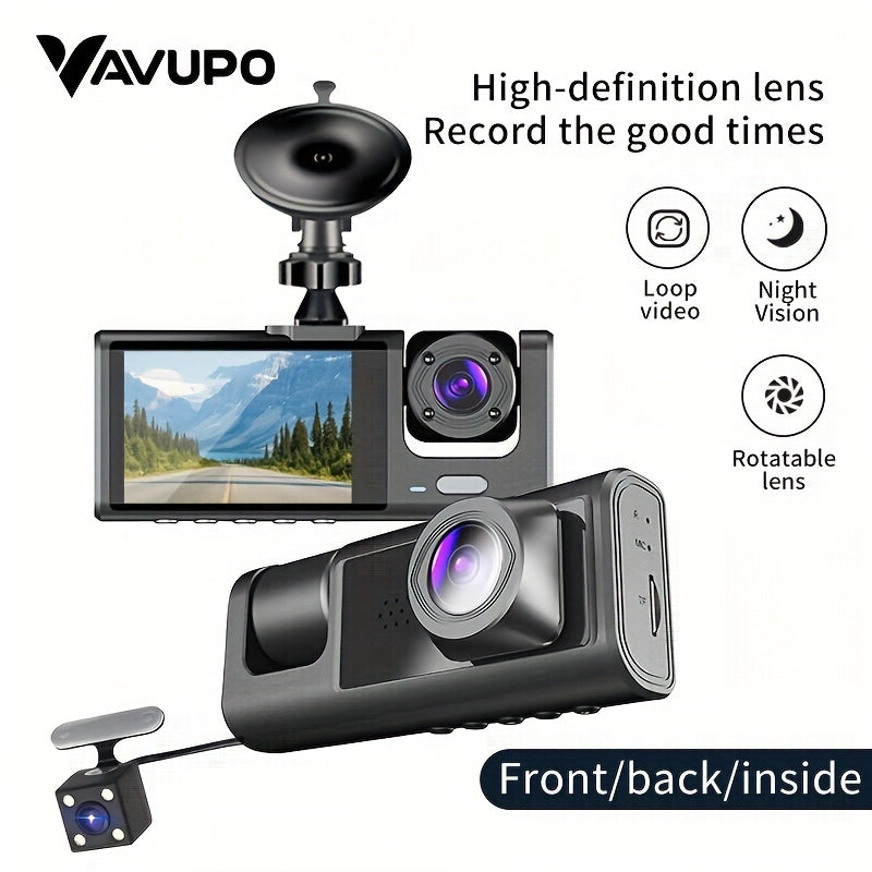 Vavupo 1080P Triple Dash Cam for Cars - Front, Inside & Rear View with IR Night Vision, Loop Recording, Wide Angle Lens, and 5.08cm IPS Display