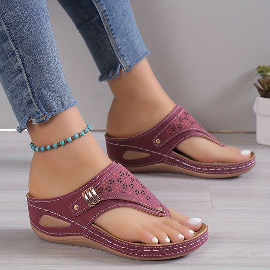 Women's Solid Color Thong Sandals, Slip On Soft Sole Platform Casual Flip Flops, Buckle Belt Versatile Wedge Slides, Summer Beach Slippers