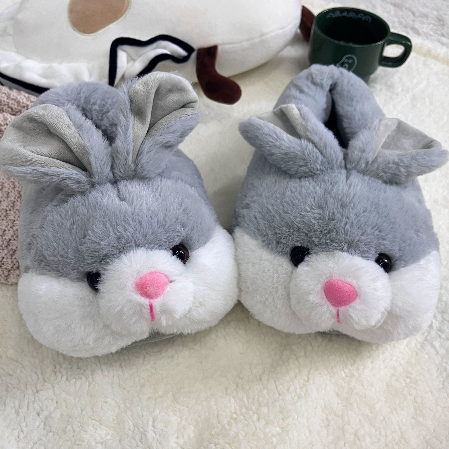 Cozy Bunny Slippers - Plush Indoor/Outdoor Shoes, Cute Gray Rabbit Design with Floppy Ears & Pink Inner Lining, Soft Fabric Upper & Rubber Sole, Perfect for Bedroom or Gift, Outdoor Slippers | Comfortable Slippers | Rubber So