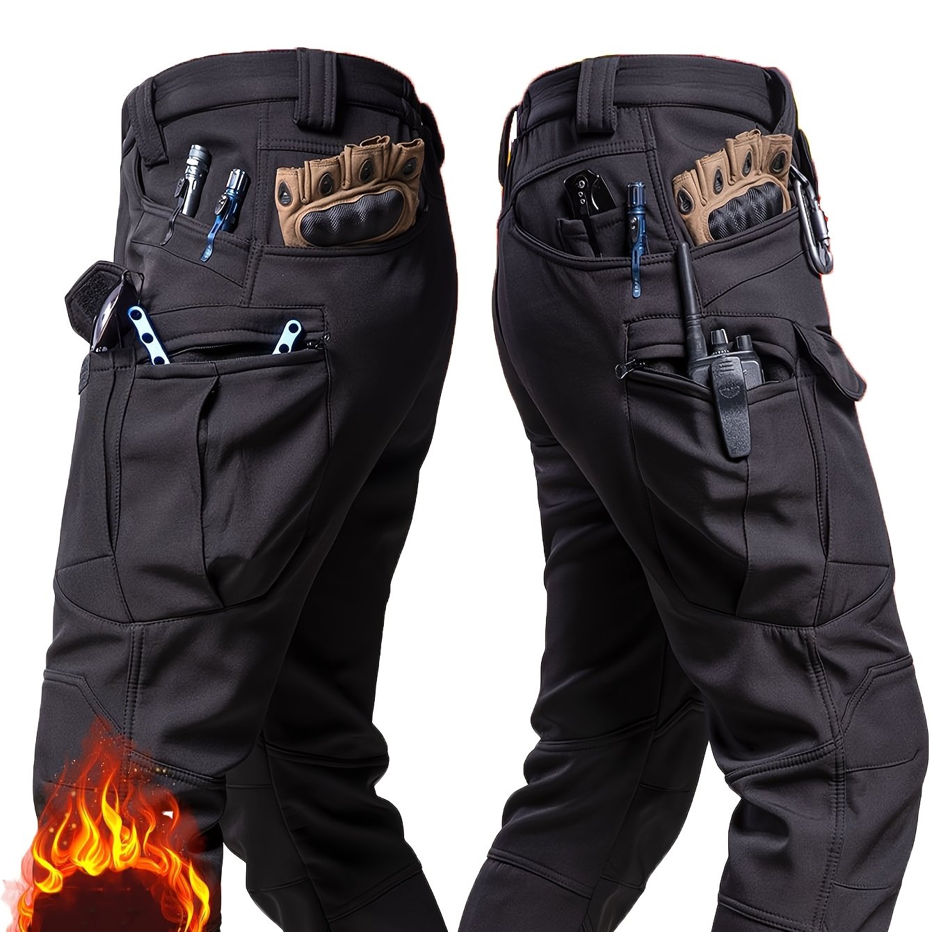 Men'S Outdoor Military Tactical Pants, Soft Shell Fleece Lined, Waterproof Windproof Warm Work Pants, Autumn/Winter Season, Polyester 90.70%, Spandex 9.30%, Solid Color, Sports Style, Regular Fit, Mid Waist, Woven Fabric, 320