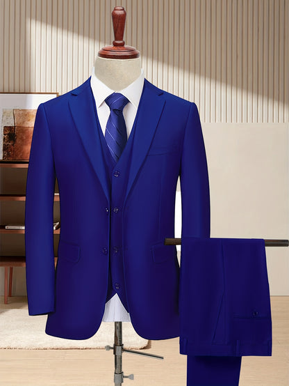Men'S 3pcs Business Style Suit, Two Button Lapel Jacket Vest Trouser Set Solid Color Wedding Business Tuxedo Suit