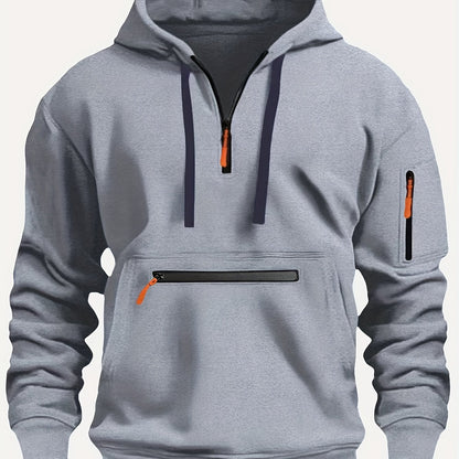 220gsm 100% Polyester Long Sleeve Hoodie - Men's Solid Color Regular Fit Casual Pullover with Zipper Pocket for Fall/Winter
