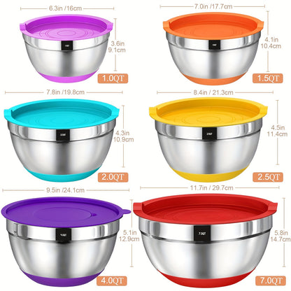 Mixing Bowls with Airtight Lids, 26pcs Stainless Steel Bowls Set 6 bowls & Lids + 20 kitchen tools, 3 Grater Attachments & Black Non-Slip Bottoms Size 7, 4, 2.5, 2.0, 1.5, 1QT, Great for Mixing & Serving