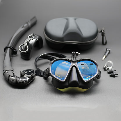 Wet Low Volume Freediving Mask Tempered Glass J-type Adults Diving Mask Snorkel Set with Camera Mount Black