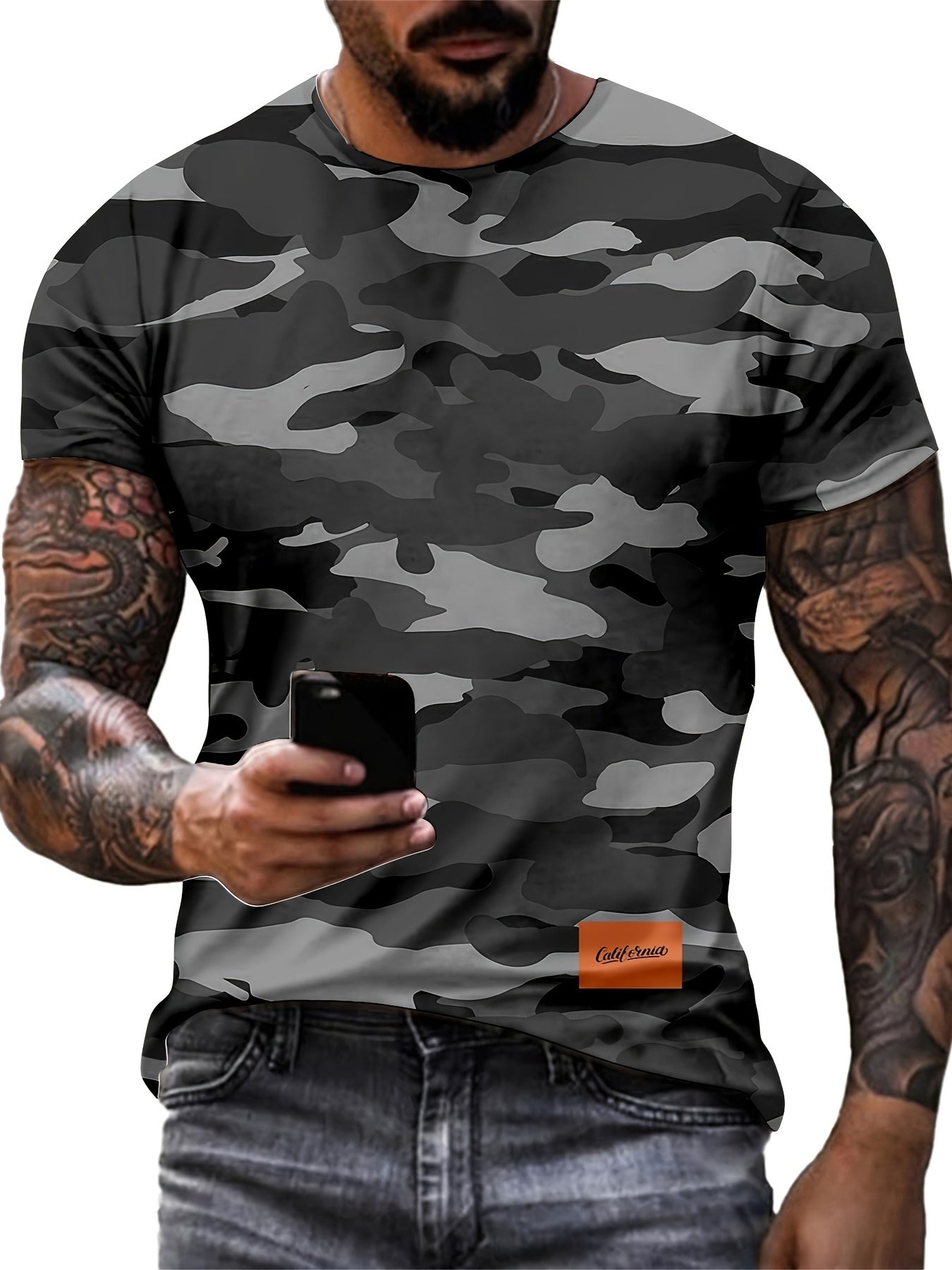 Men's Camouflage Graphic Print T-shirt, Casual Short Sleeve Crew Neck Tee, Men's Clothing For Summer Outdoor