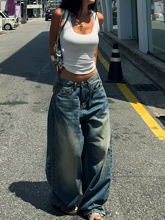 Vintage-Inspired Washed Blue Straight-Leg Jeans for Women - Casual Loose Fit, Versatile Denim Pants with Slash Pockets