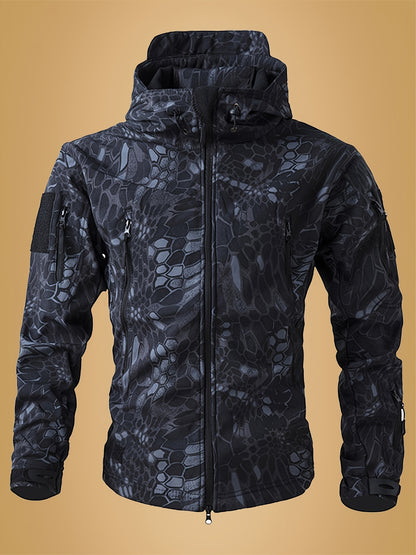 Men's Camouflage Print Softshell Jacket, Multi-Pocket Hooded Coat, Windproof Outdoor Jacket For Hiking And Camping