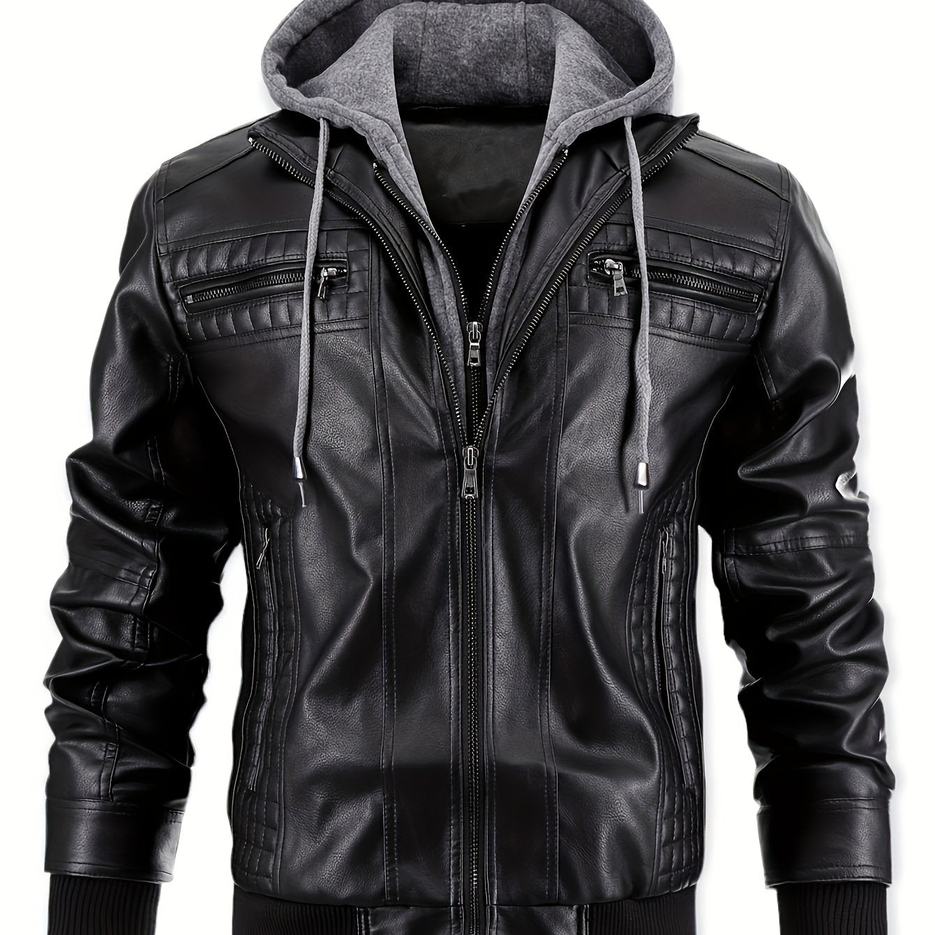 Men's Casual Stand Collar PU PU Leather Zip-Up Motorcycle Bomber Jacket with Removable Hood