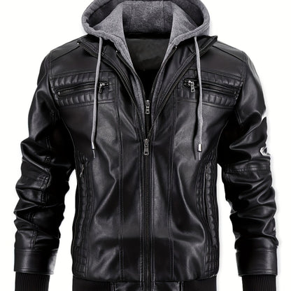 Men's Casual Stand Collar PU PU Leather Zip-Up Motorcycle Bomber Jacket with Removable Hood