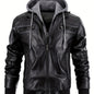 Men's Casual Stand Collar PU PU Leather Zip-Up Motorcycle Bomber Jacket with Removable Hood