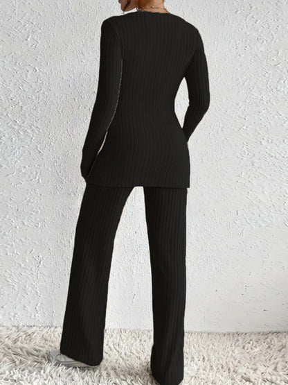 Women's Ribbed Fall Set Solid Color V-Neck Long Sleeve Slim Fit Cross Front Tops Long Pants 2pcs Outfits