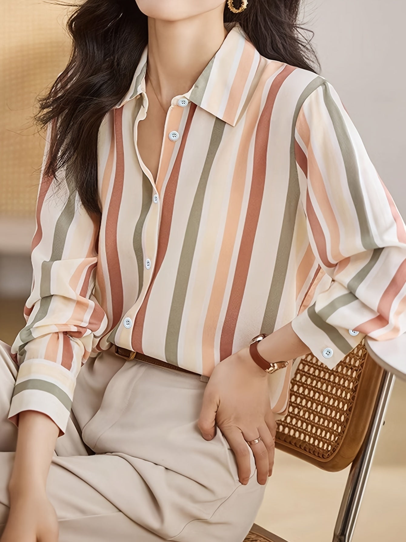 Long Sleeve Color Block Button Front Shirt - Stylish Casual Wear for Spring & Fall Seasons - Womens Fashion Clothing with Comfortable Fit