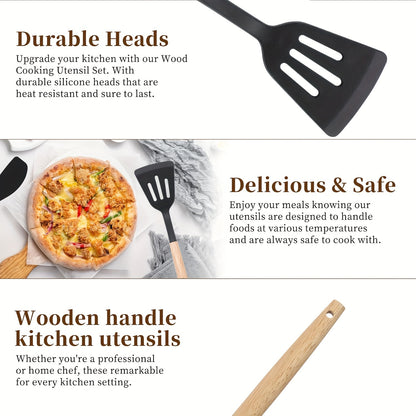 Kitchen Utensils Set- 46 pcs Cooking Utensils with Tongs, Spoon, Meat Chopper, Spatula & Opener Made of Heat-Resistant Food Grade Silicone and Wooden Handles Kitchen Gadgets Tools Set for Nonstick Cookware, With hooks