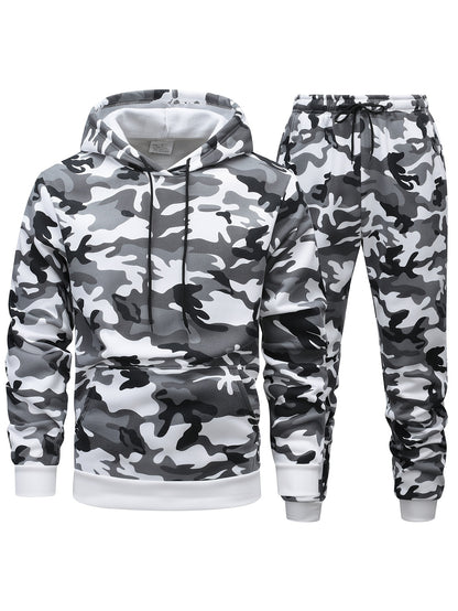 Men'S Camo Hooded Sweatshirt and Pants Set, Casual Outdoor Polyester 100% Full Body Suit, Long Sleeve Pullovers with Drawstring, Regular Fit, 3D Printing, Knit Fabric, Slight Stretch, for Hiking, Camping, Hunting, Running, Tr