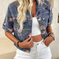 Print Denim Jacket for Women - Short Sleeve, Button-Up, Non-Stretch Fabric, Machine Washable - Perfect for Spring/Summer