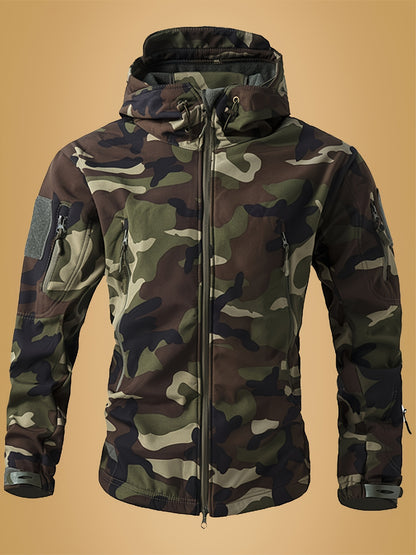 Men's Camouflage Print Softshell Jacket, Multi-Pocket Hooded Coat, Windproof Outdoor Jacket For Hiking And Camping