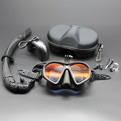 Wet Low Volume Freediving Mask Tempered Glass J-type Adults Diving Mask Snorkel Set with Camera Mount Black