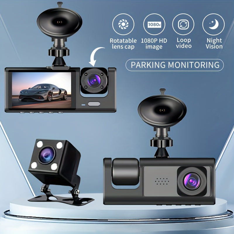 Vavupo 1080P Triple Dash Cam for Cars - Front, Inside & Rear View with IR Night Vision, Loop Recording, Wide Angle Lens, and 5.08cm IPS Display