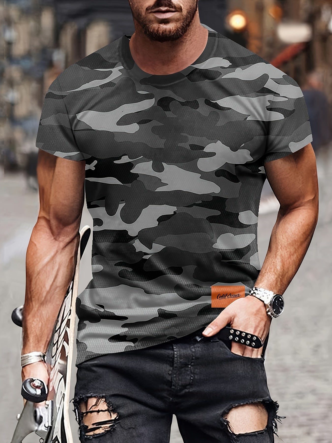 Men's Camouflage Graphic Print T-shirt, Casual Short Sleeve Crew Neck Tee, Men's Clothing For Summer Outdoor