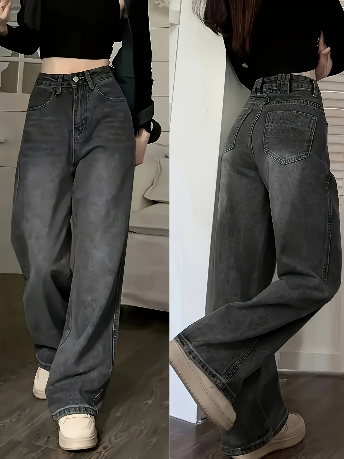 Retro Style Distressed Washed Plain Loose Fit Wide Leg Washed Blue Casual Style Zipper Button Closure Denim Pants, Women's Denim Jeans & Clothing