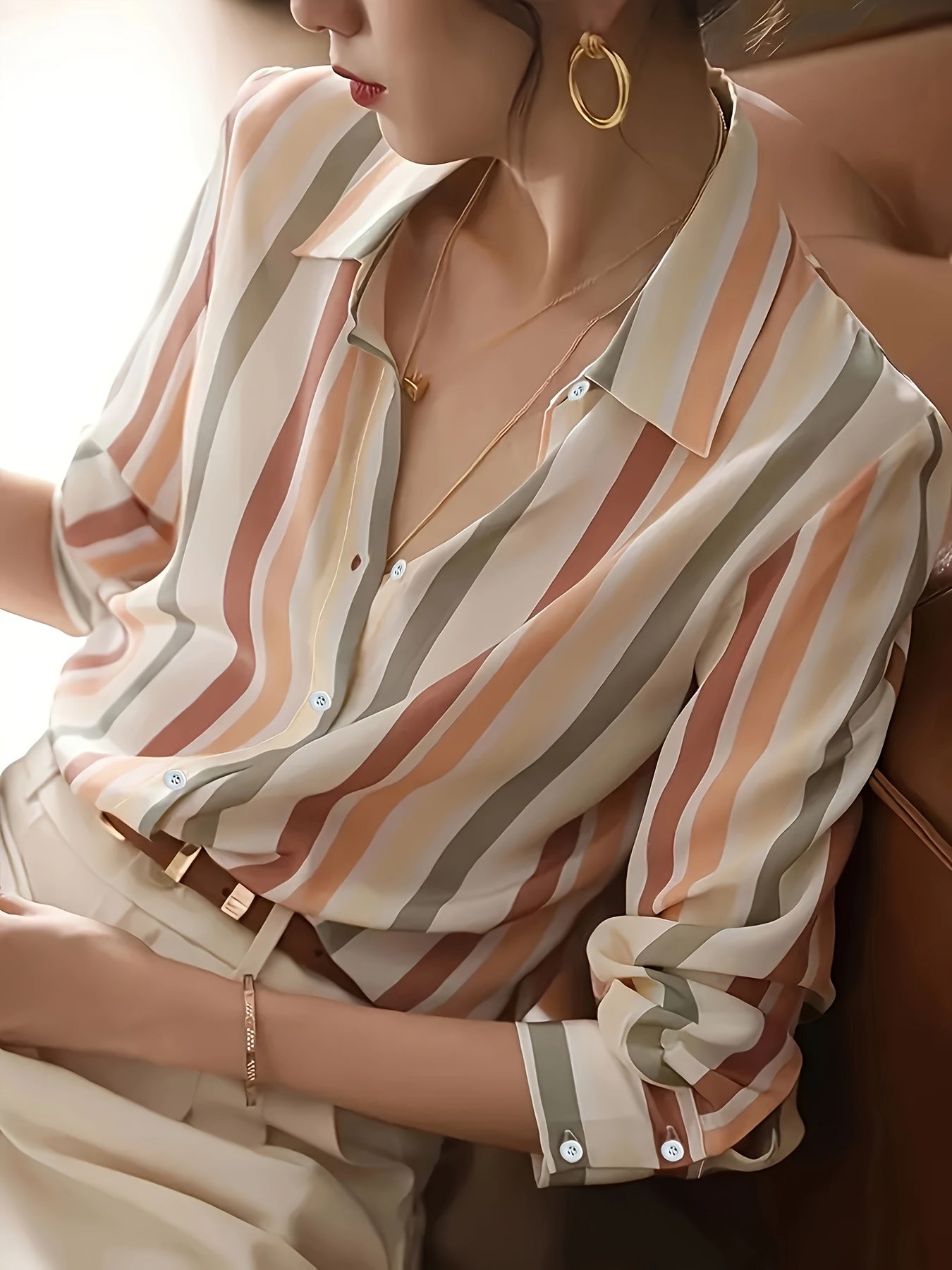 Long Sleeve Color Block Button Front Shirt - Stylish Casual Wear for Spring & Fall Seasons - Womens Fashion Clothing with Comfortable Fit