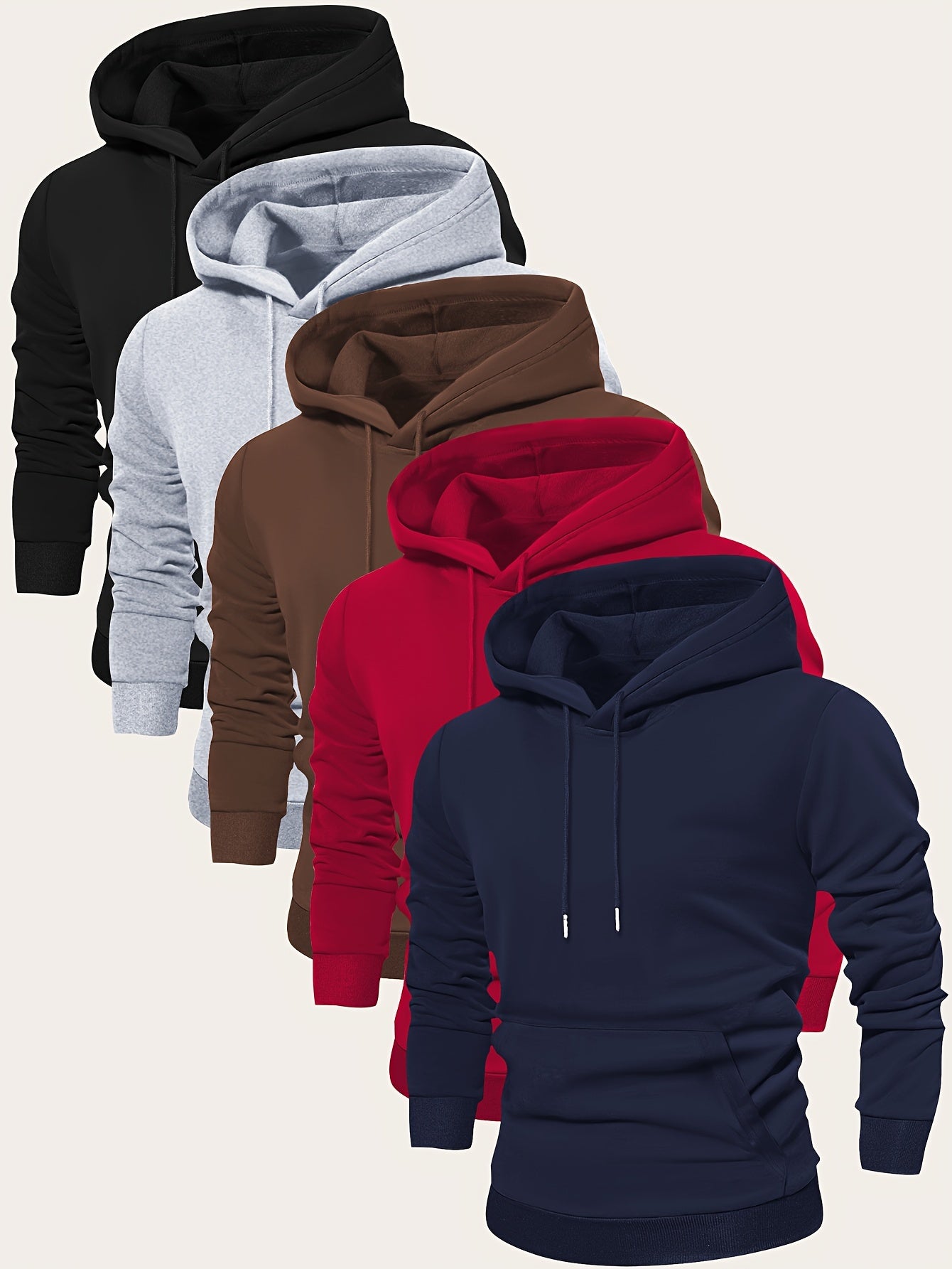 5pcs Men's Long Sleeve Hoodies, Solid Color Polyester Pullovers with Drawstring and Kangaroo Pocket, Casual Sports Jogging Tops for Spring/Fall - Regular Fit Knit Fabric Hooded Sweatshirts