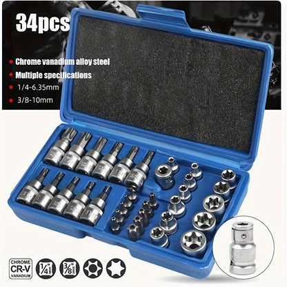 34-Piece E-Torx Star Socket Set - Durable Chrome Vanadium Steel Sockets, Multiple Specifications, Secure Grip - Versatile Tools for Various Applications