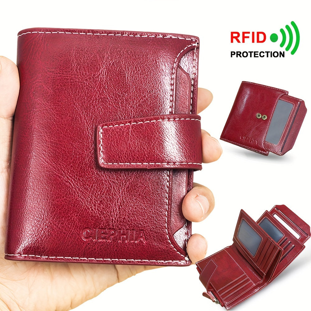 Genuine Leather RFID Blocking Wallet for Women - Stylish Bifold Card Holder with Detachable ID Window, Zipper Coin Pocket & Multiple Compartments, Red, Travel Accessory | Rfid Safe Wallet | Durable Leather, Card Holder Wallet
