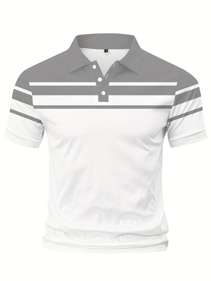 Men's Stripes Color Blocking Print Summer Short Sleeve Lapel T-shirt, Casual Comfy Sports Top As Gift