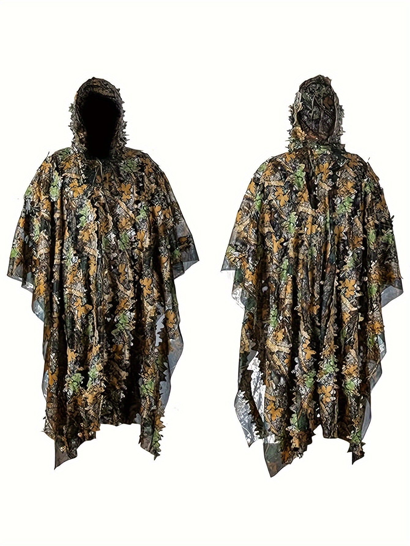 1pc Camo Leaf Pattern Hooded Poncho, 3D Leaf Camouflage Mesh Hooded Army Costume, Polyester 100% Knit Fabric with Slight Stretch, Loose Fit for Outdoor Activities, Hunting, Bird Watching, Survival Games - S-XL