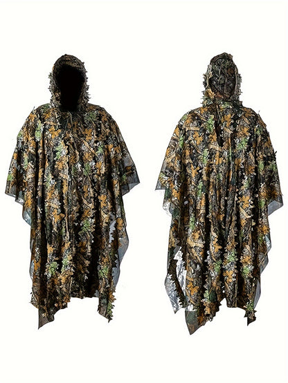 1pc Camo Leaf Pattern Hooded Poncho, 3D Leaf Camouflage Mesh Hooded Army Costume, Polyester 100% Knit Fabric with Slight Stretch, Loose Fit for Outdoor Activities, Hunting, Bird Watching, Survival Games - S-XL