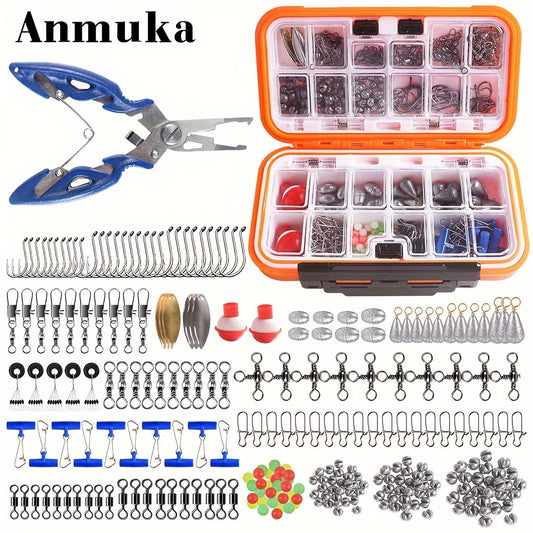 ANMUKA 255pcs Fishing Tackle Kit with Waterproof Storage Box - Includes Hooks, Lure Pliers, Lead Sinkers, Floats & More - Perfect Gift for Anglers, Transfer Ring, Various Lure Tools