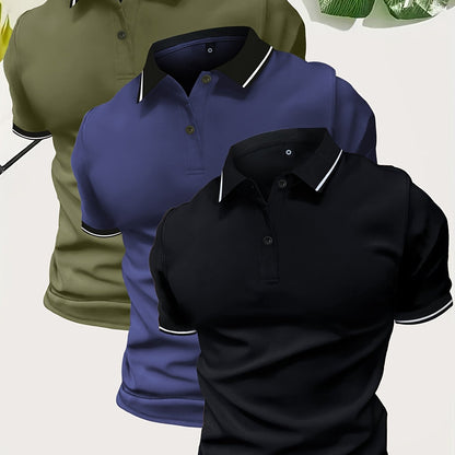 3Pcs Breathable Men's Golf Shirt, Regular Fit V-Neck Short Sleeve Casual T-Shirt for Summer