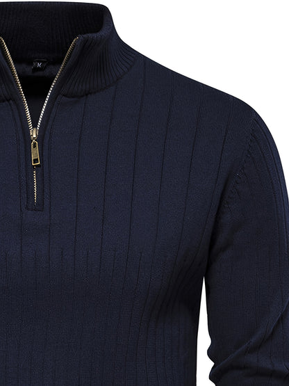 Men's Navy Blue Half-Zip Stand Collar Sweatshirt - Stretch Blend, Ribbed Texture, Long Sleeve - Ideal for Fishing & Walking in Fall/Winter