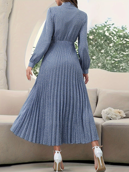Stylish Pleated Tie Neck Long Sleeve Dress - Elegant Women's Dresses for Spring & Fall Season - Comfortable, Versatile, and Chic Clothing for Ladies