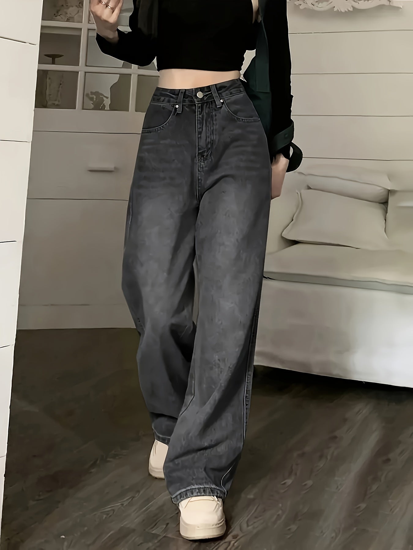 Vintage Loose Straight Leg Jeans With Multi Pockets, Casual Versatile Denim Pants For Women, Women's Clothing & Denim