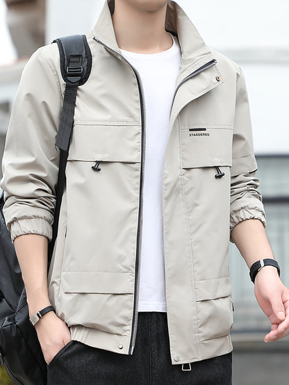 Home Relaxation| Men's Iron Wood OBM Cargo Jacket - Beige Long Sleeve, Stand Collar, Durable Polyester Blend, Zip-Up Outdoor Coat with Multiple Pockets for Casual & Outdoor Wear in Fall/Winter