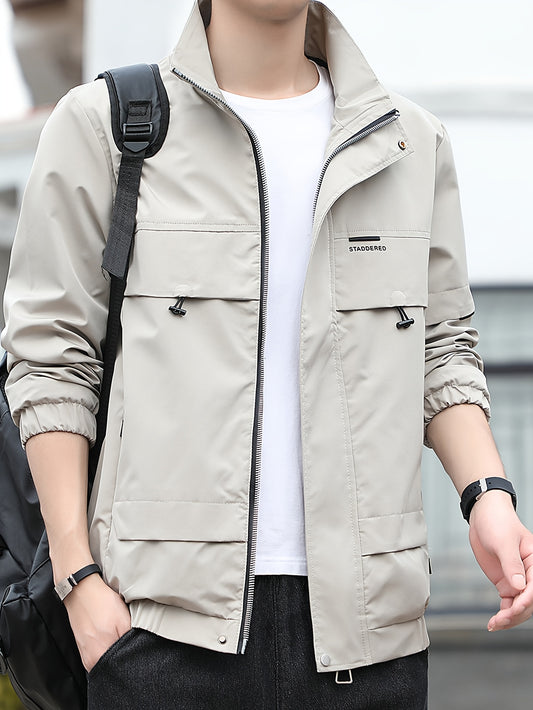 Home Relaxation| Men's Iron Wood OBM Cargo Jacket - Beige Long Sleeve, Stand Collar, Durable Polyester Blend, Zip-Up Outdoor Coat with Multiple Pockets for Casual & Outdoor Wear in Fall/Winter