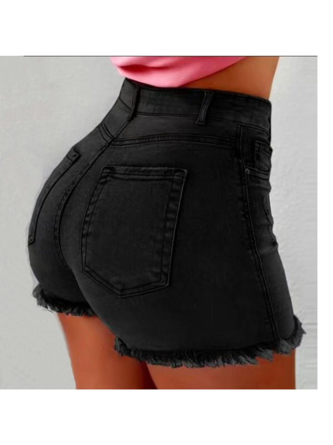 [Summer Wardrobe] Women's High-Waist Black Denim Shorts with Fringe Detail - Stylish Slimming Summer Essential, Look, Raw Hem, Casual Hot Pants for Spring/Summer
