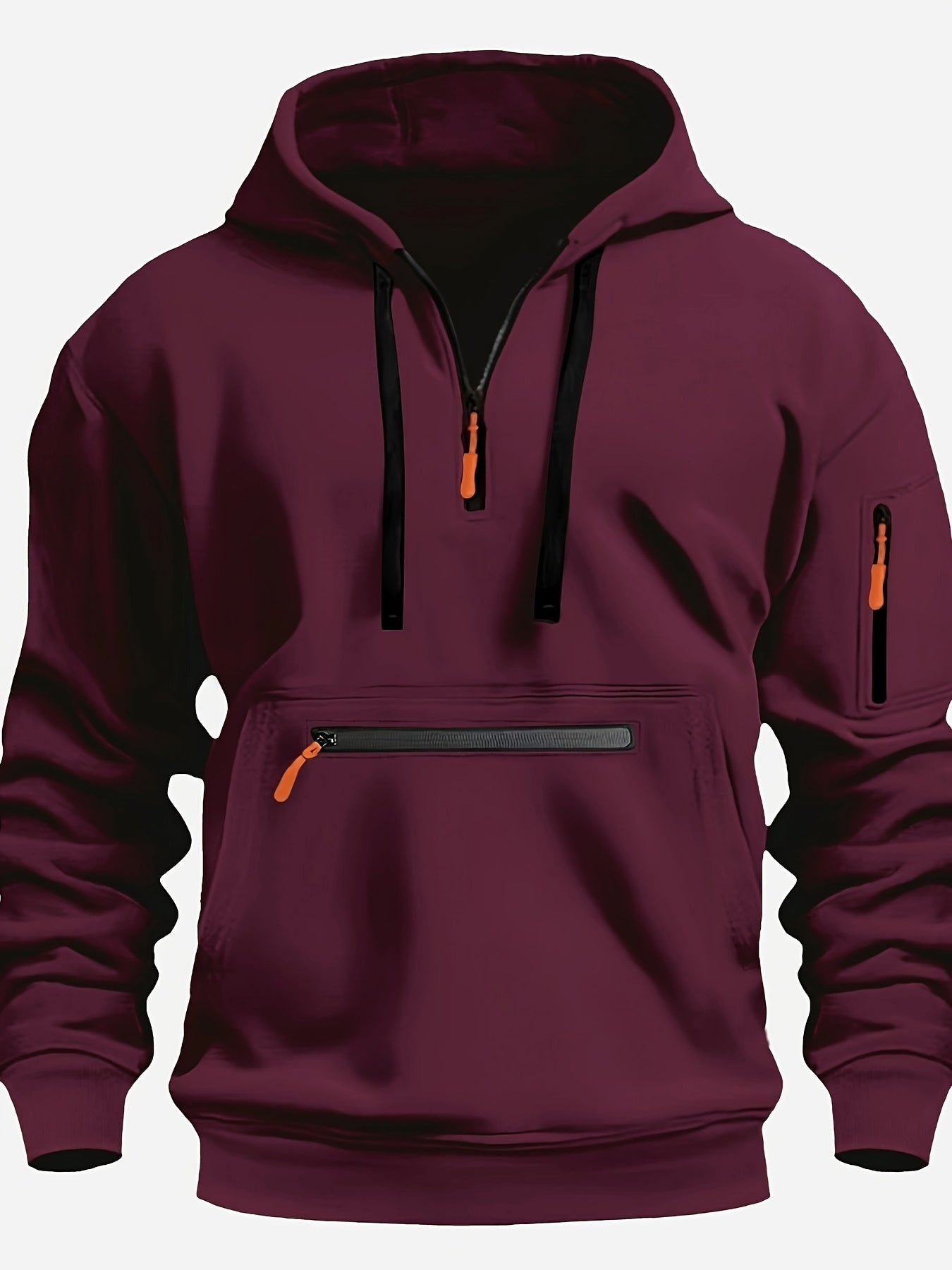 220gsm 100% Polyester Long Sleeve Hoodie - Men's Solid Color Regular Fit Casual Pullover with Zipper Pocket for Fall/Winter