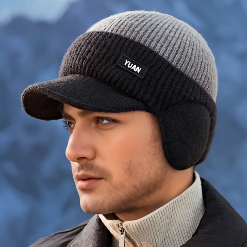 1pc YUAN Brand Men'S Winter Earflap Beanie Hat - 100% Acrylic Knit Warm Cycling Cap with Slight Stretch, Street Style Outdoor Riding Colorblock Hat