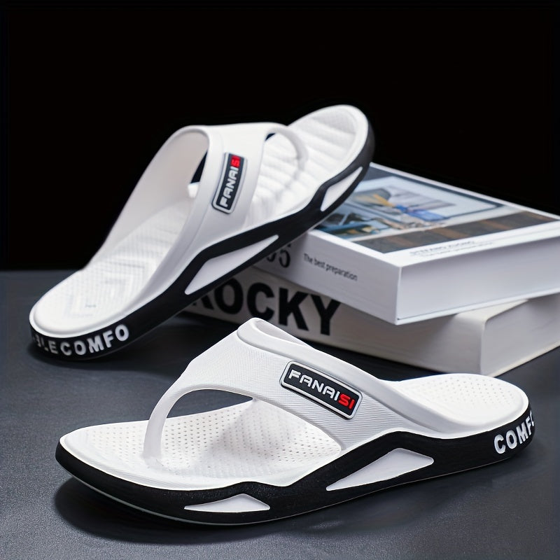 Men's Stylish Flip-Flops - Comfortable PVC Material, Non-Slip Sole, Arch Support Strap, Perfect for Beach & Casual Wear (Black/White/Beige), Beach Accessories