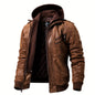 Men's Brown Leather Motorcycle Jacket with Removable Hood - FLAVOR