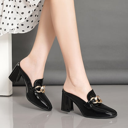 White Block Heel Pumps for Women - Elegant Pointed Toe Slip-On Shoes with Golden Chain Detail - High Heel Loafers with Rubber Sole - All Season Professional Dress Pumps