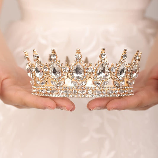 1pc Baroque Style Round Crown Princess Queen's Round Crown Bridal Wedding Birthday Hair Accessories, Retro Style