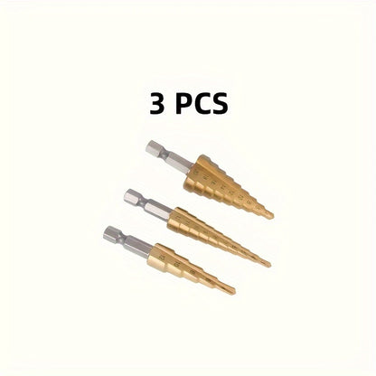 3pcs Titanium-Coated High-Speed Steel Step Drill Bit Set for Wood & Metal - Durable, Multi-Functional & Efficient