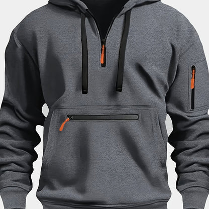 220gsm 100% Polyester Long Sleeve Hoodie - Men's Solid Color Regular Fit Casual Pullover with Zipper Pocket for Fall/Winter