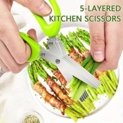 1/2pcs 5-Layered Stainless Steel Kitchen Scissors - Versatile Onion & Herb Shredder for BBQ & Indoor Use - Durable, Safe with Protective Cover & Built-in Cleaner