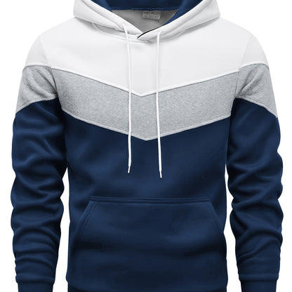 Mens Color Block Hooded Pullover Hoodie - Soft Slight Stretch Polyester Fabric, Long Sleeve, Regular Fit, Contrast Collar, Kangaroo Pocket, Hand Wash Only - Perfect Winter and Fall Streetwear Gift for Him